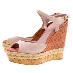 Gucci Hollie Wedge Sandals Suede GG Monogram Cork Nude Pink 38
